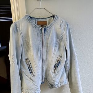 Distressed light wash denim jacket